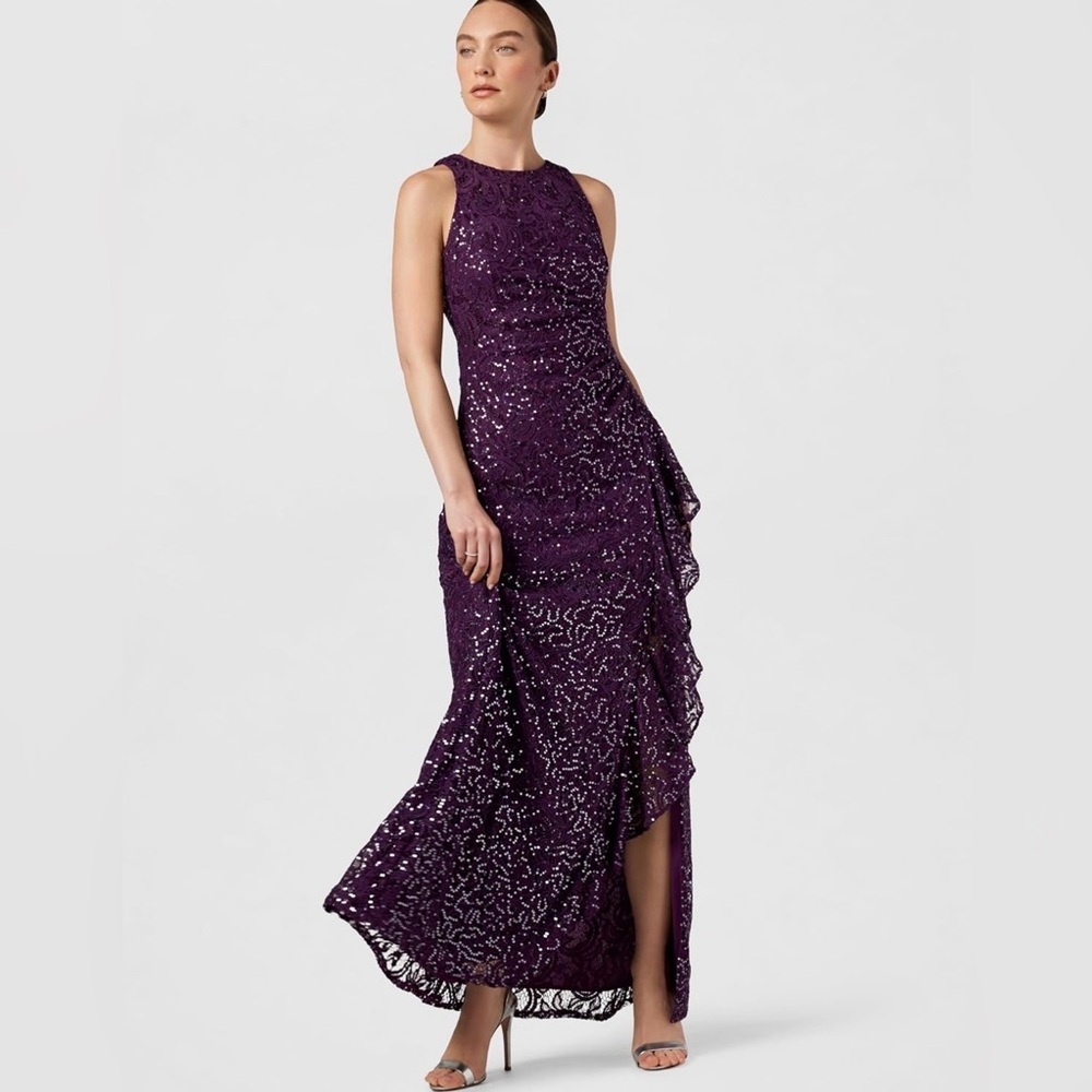 Alex Evenings Womens Long Sleeveless W/Cascade Ruffle & Front Slit